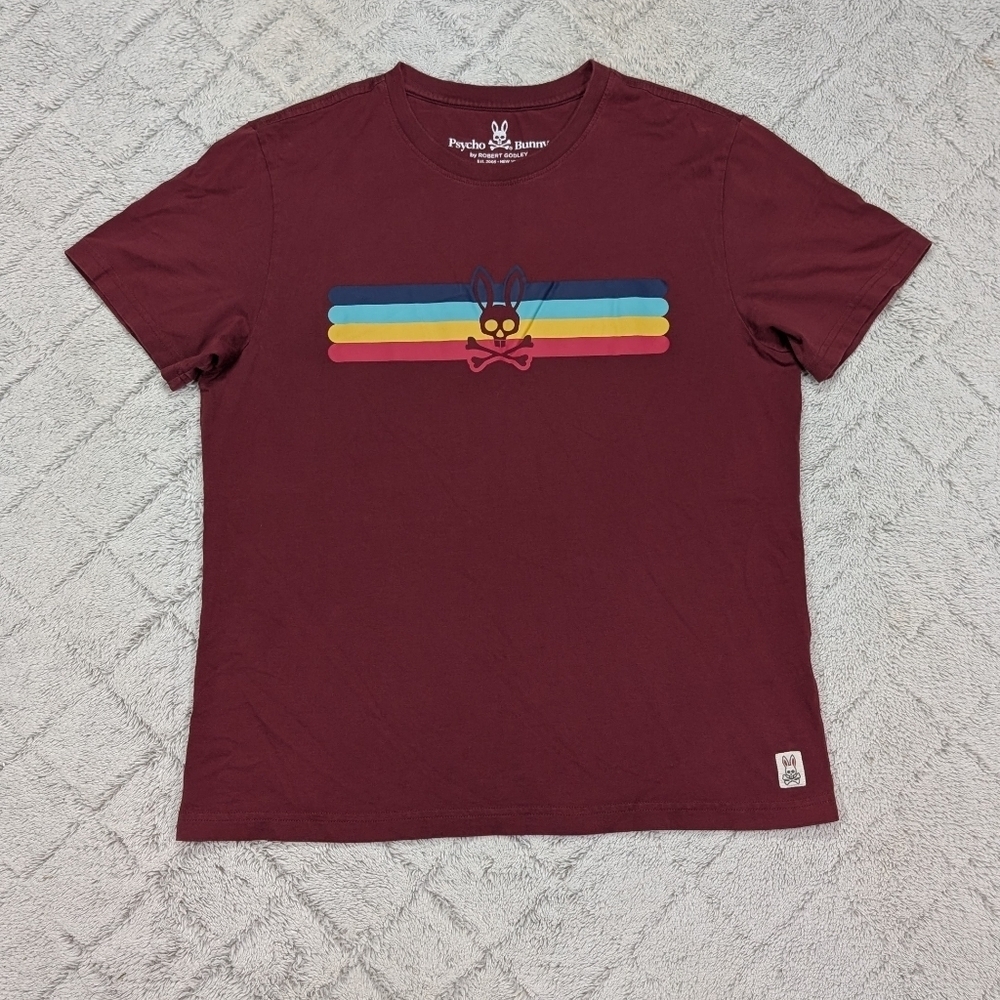 Psycho Bunny Shirt Mens 5 M Red Pinot Rainbow Stripe Graphic Tee Pima Cotton